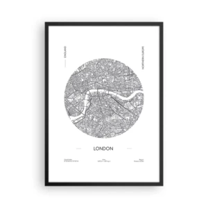 Plakát v černém rámu - Minimalistická černobílá mapa Londýna - 50x70cm - Anatomie Londýna - Moderní nástěnná dekorace do obývacího pokoje a ložnice ARTTOR