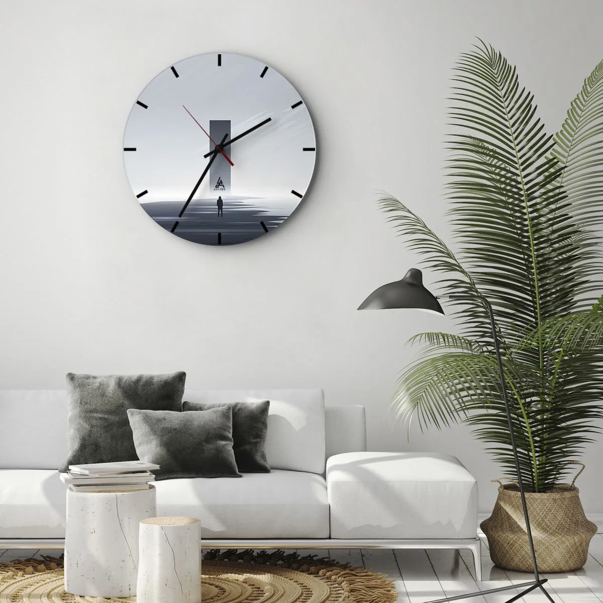 Nástěnné hodiny - Minimalistická krajina s postavou a geometrickým tvarem - 30x30cm - Příležitost nebo hrozba? - Moderní nástěnná dekorace do obývacího pokoje, kuchyně a ložnice ARTTOR