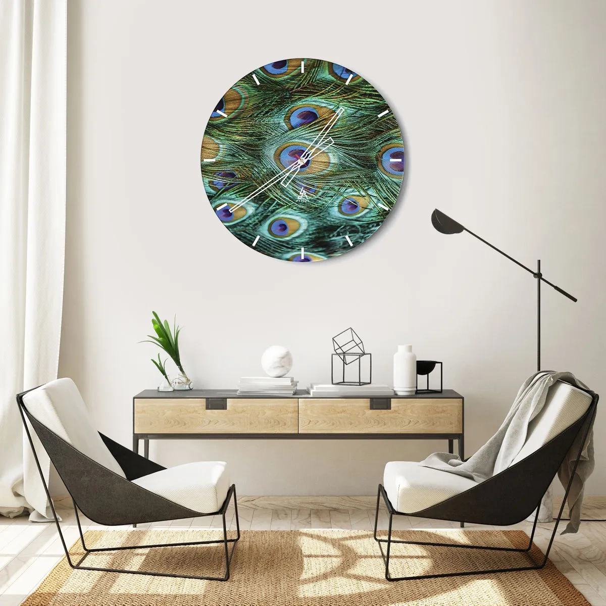 Nástěnné hodiny - Paví peří v zelených a modrých odstínech - 30x30cm - Paví pohled - Moderní nástěnná dekorace do obývacího pokoje, kuchyně a ložnice ARTTOR