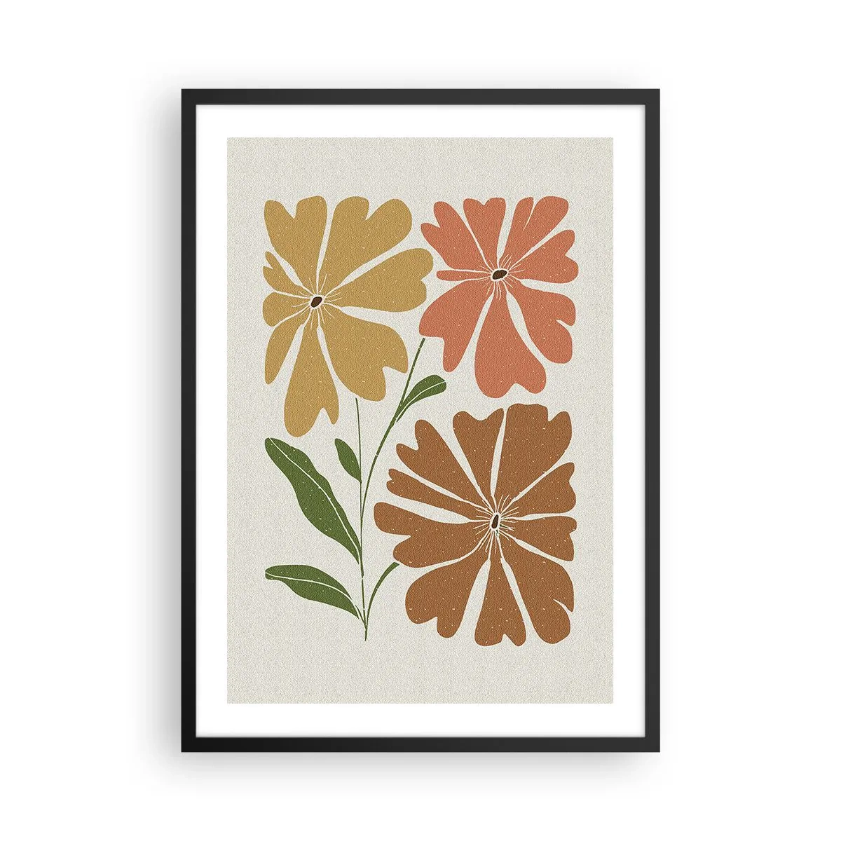 Plakát v černém rámu - Minimalistické květiny v teplých odstínech - 50x70cm - Příroda a geometrie - Moderní nástěnná dekorace do obývacího pokoje a ložnice ARTTOR