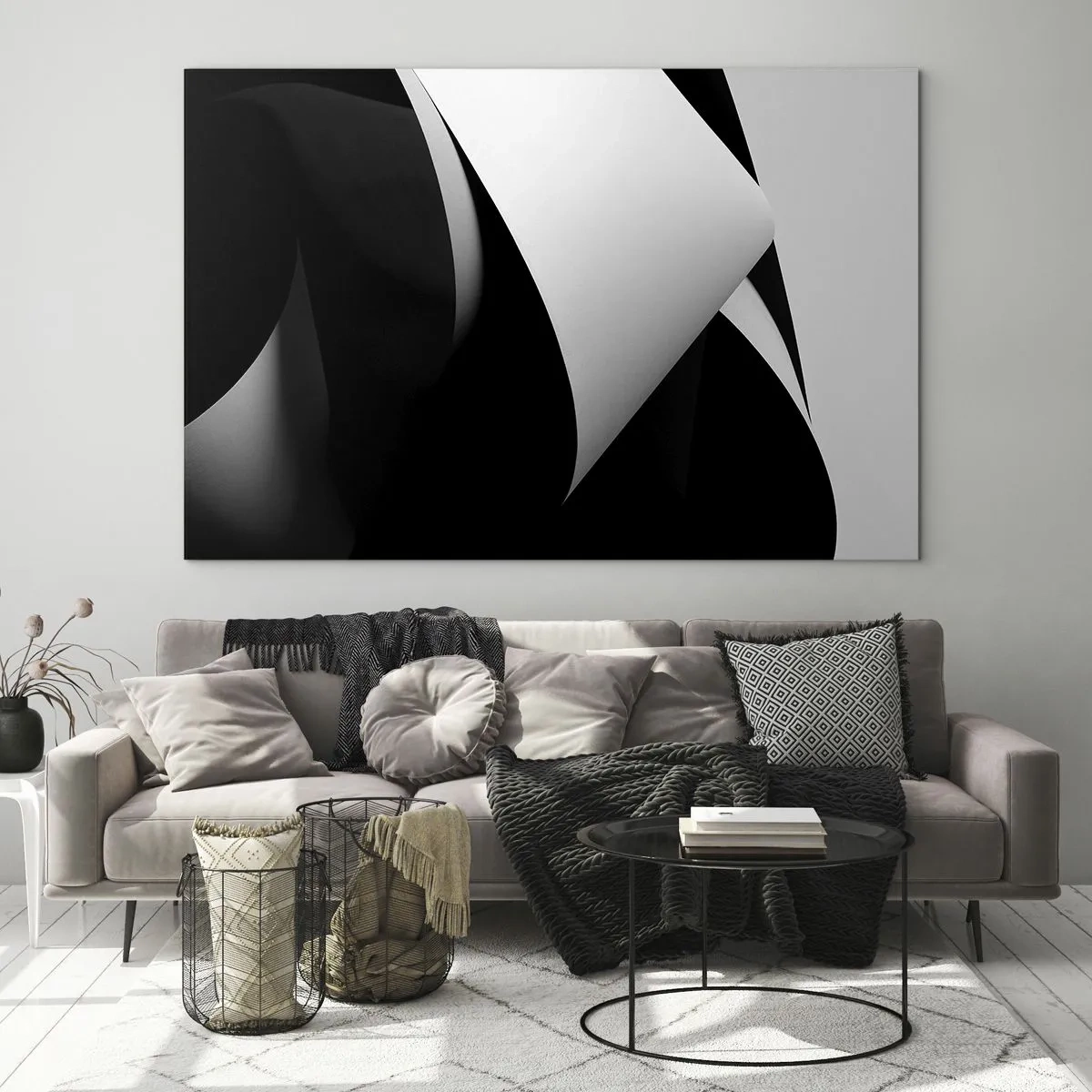 Obraz na skle - Minimalistická kompozice s černobílými rovinami - 70x50cm - Světlo z hlubin stínu - Moderní nástěnná dekorace do obývacího pokoje a ložnice ARTTOR