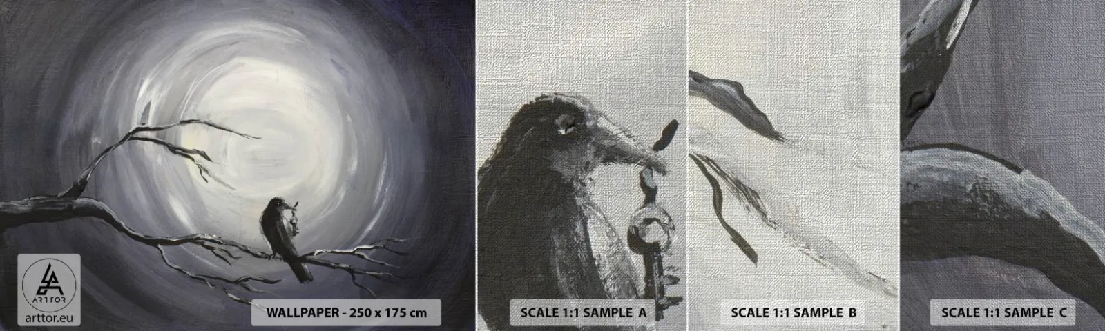 Vzor Fototapety Premium Canvas - Klíč k tajemství noci - Abstrakce, Vrána, Pták - 100x30 cm