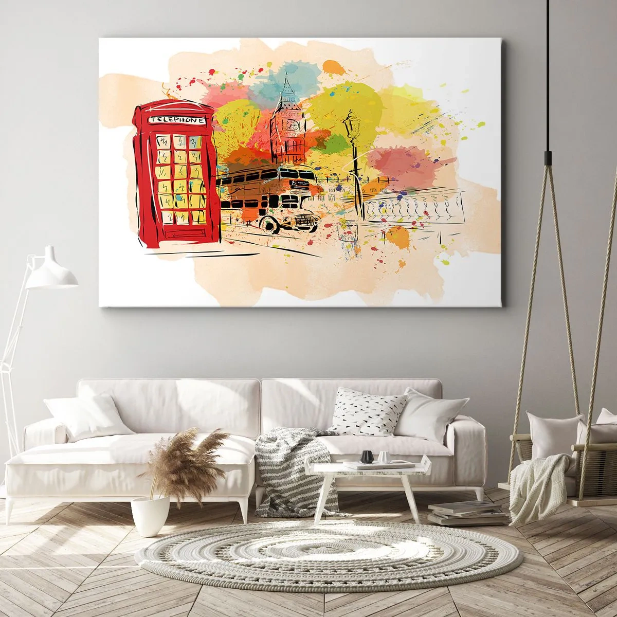 Obraz na plátně - Londýnské téma s červeným autobusem a budkou - 70x50cm - Město různorodostí - Moderní nástěnná dekorace do obývacího pokoje a ložnice ARTTOR