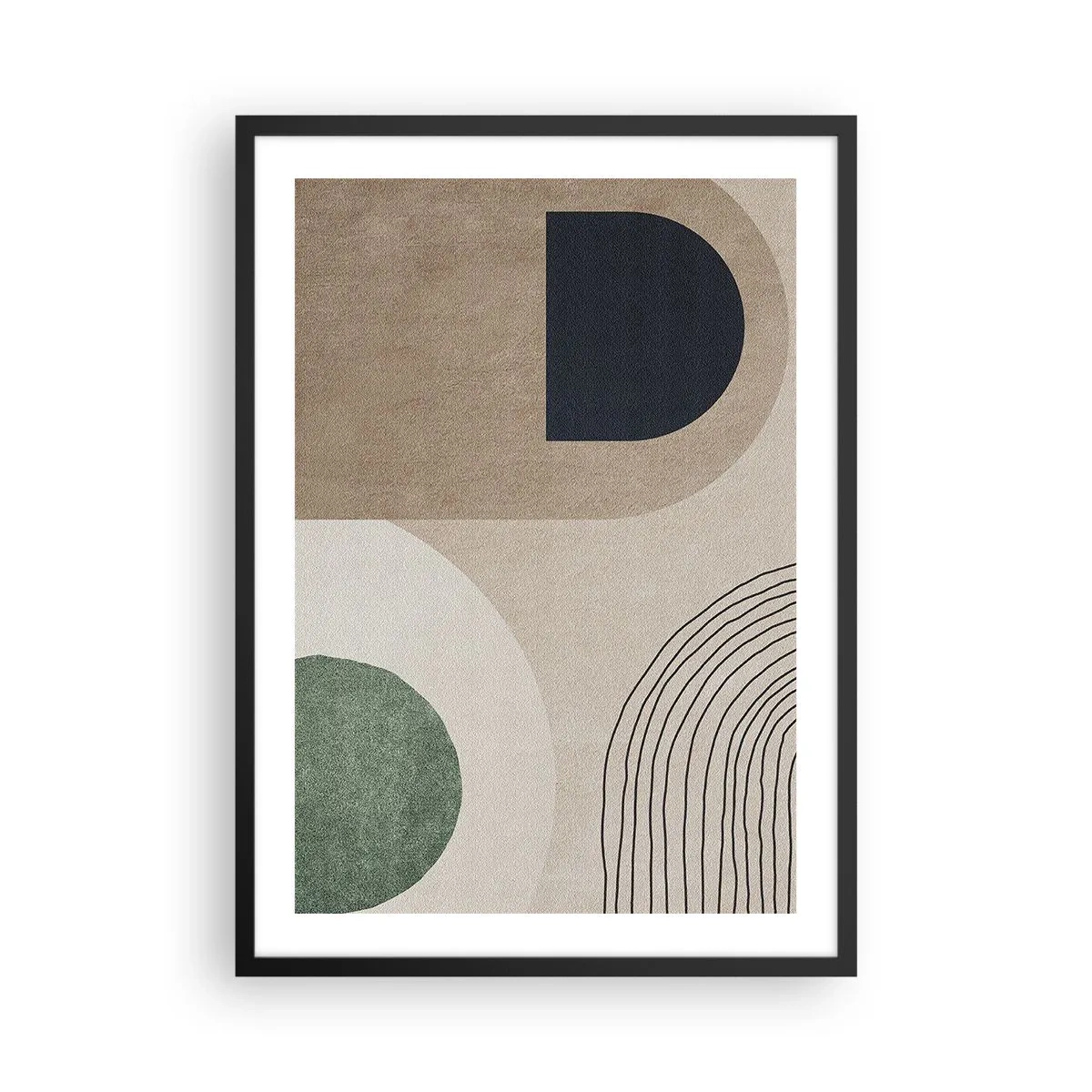 Plakát v černém rámu - Geometrická abstrakce v béžových, zelených a černých tónech - 50x70cm - Něžnost oválu - Moderní nástěnná dekorace do obývacího pokoje a ložnice ARTTOR