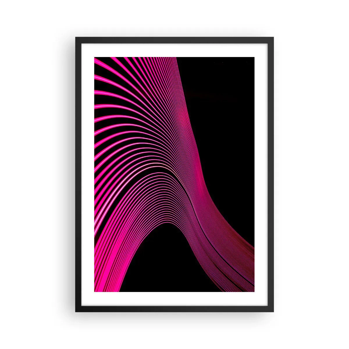Plakát v černém rámu - Dynamické růžové čáry na černém pozadí - 50x70cm - Alej světla - Moderní nástěnná dekorace do obývacího pokoje a ložnice ARTTOR