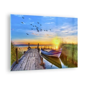 Obraz na skle - Dřevěné molo nad jezerem s lodí při východu slunce - 70x50cm - Na shledanou zítra - Moderní nástěnná dekorace do obývacího pokoje a ložnice ARTTOR