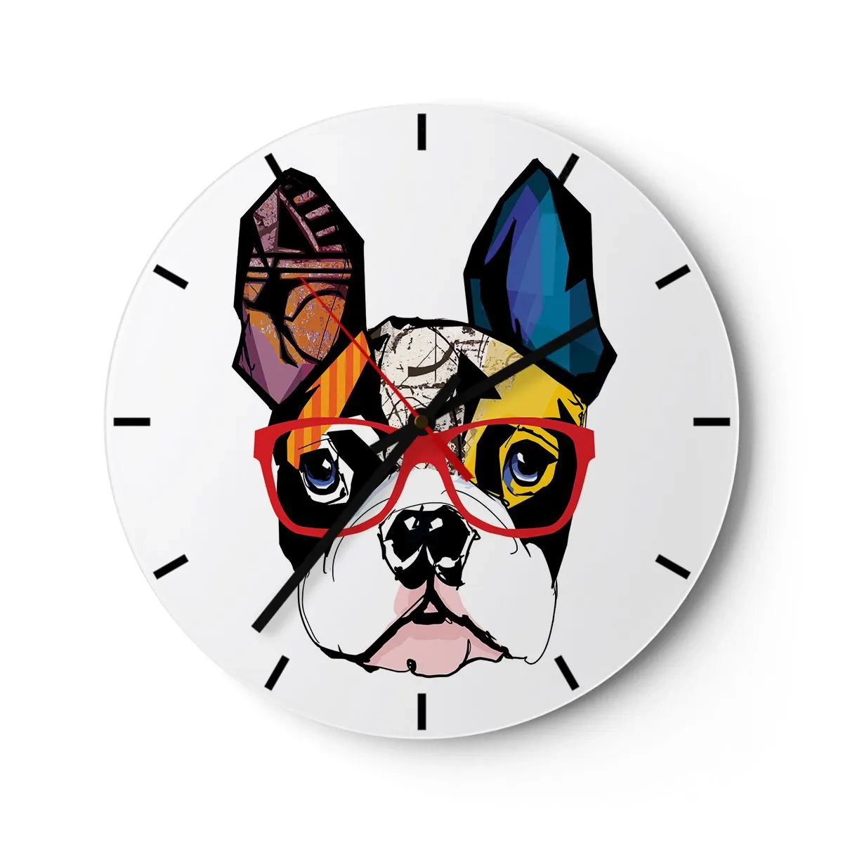 Nástěnné hodiny - Barevná kresba psa s brýlemi na bílém pozadí - 30x30cm - Intelektuál - Moderní nástěnná dekorace do obývacího pokoje, kuchyně a ložnice ARTTOR