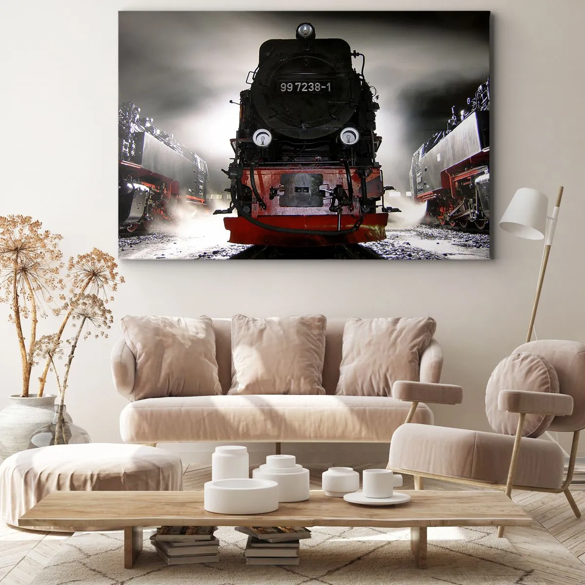 Obraz na plátně - Parní lokomotiva obklopená párou proti tmavé obloze v atmosférickém prostředí - 70x50cm - Stojí a sápe, funí a fouká - Moderní nástěnná dekorace do obývacího pokoje a ložnice ARTTOR