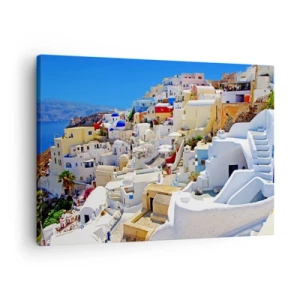 Obraz na plátně - Panorama Santorini s bílými domy a modrou oblohou - 70x50cm - Sen o řeckém létě - Moderní nástěnná dekorace do obývacího pokoje a ložnice ARTTOR