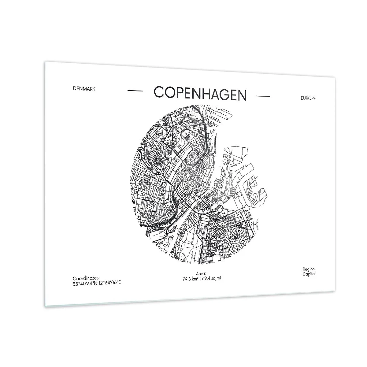 Obraz na skle - Mapa Kodaně ve formě grafického náčrtu ulice - 70x50cm - Anatomie Kodaně - Moderní nástěnná dekorace do obývacího pokoje a ložnice ARTTOR