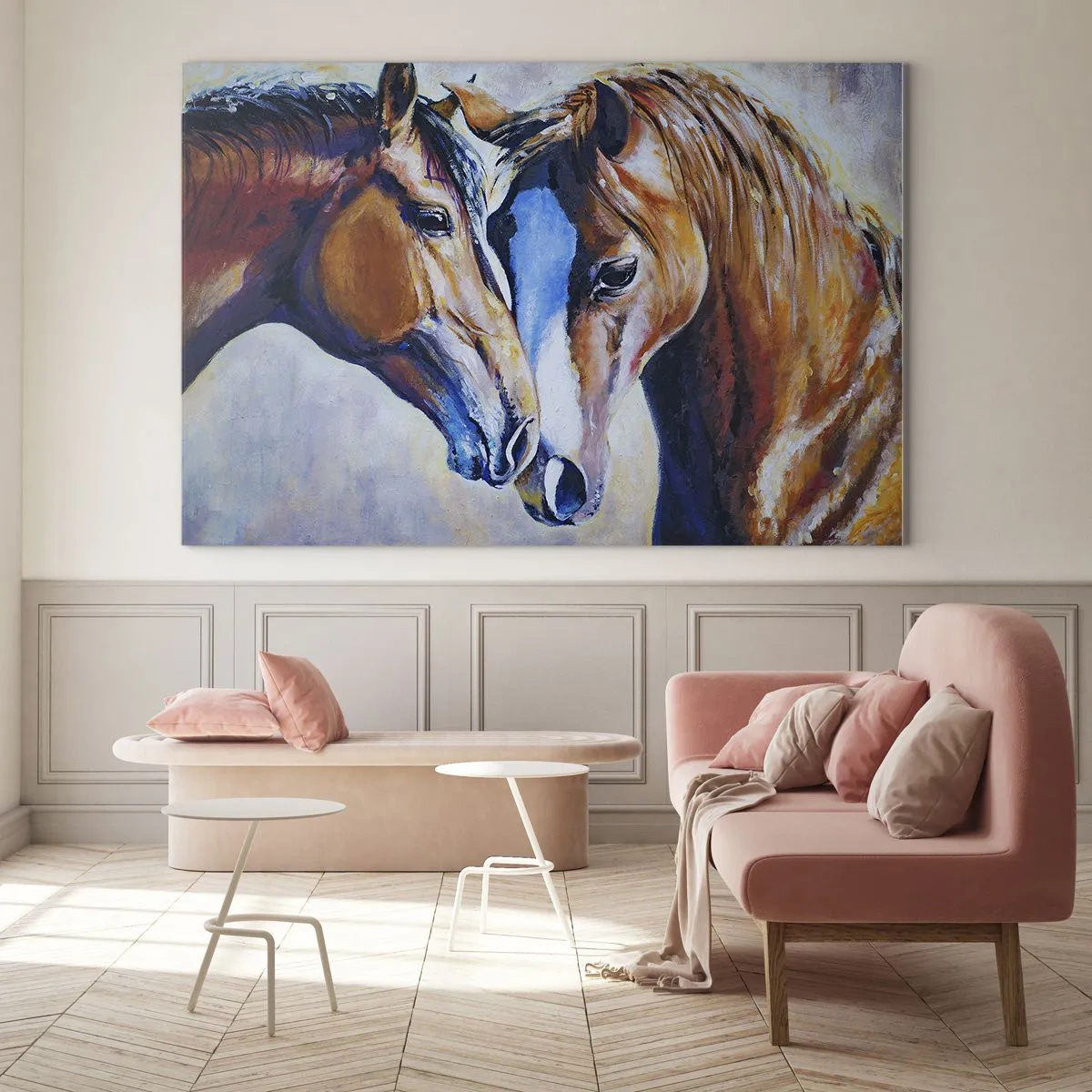 Obraz na skle - Dva koně v něžném gestu blízkosti - 70x50cm - Je to přátelství? Je to láska? - Moderní nástěnná dekorace do obývacího pokoje a ložnice ARTTOR