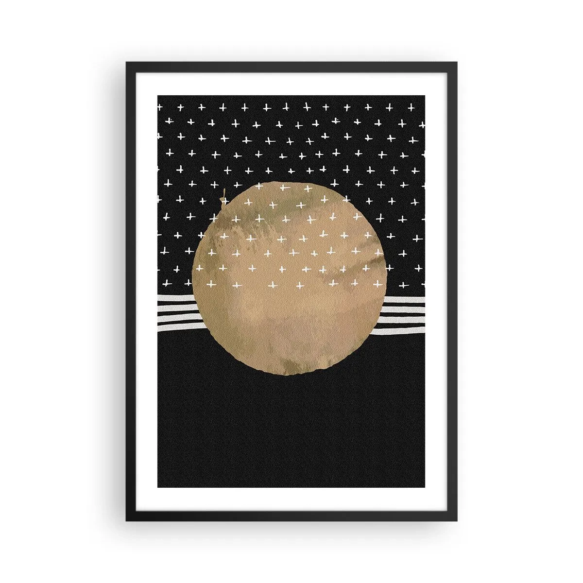 Plakát v černém rámu - Abstraktní zlatý míč na černém pozadí se vzory - 50x70cm - Kompozice: vlajka galaxie - Moderní nástěnná dekorace do obývacího pokoje a ložnice ARTTOR