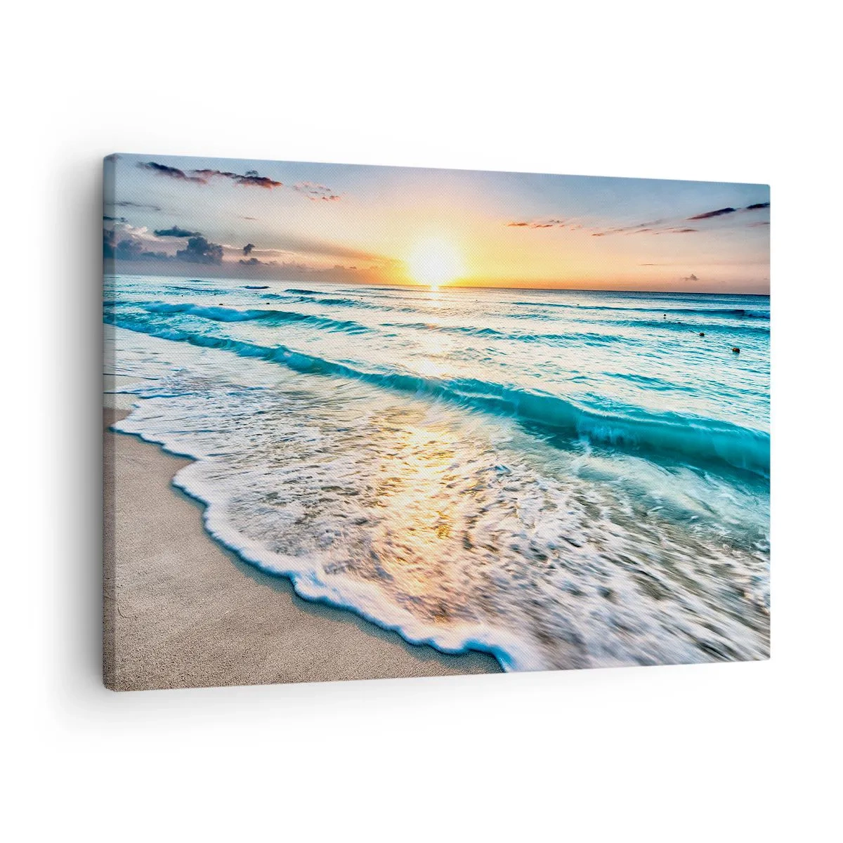 Obraz na plátně - Východ slunce nad klidnou pláží s vlnami - 70x50cm - Výhled, který stojí za to - Moderní nástěnná dekorace do obývacího pokoje a ložnice ARTTOR