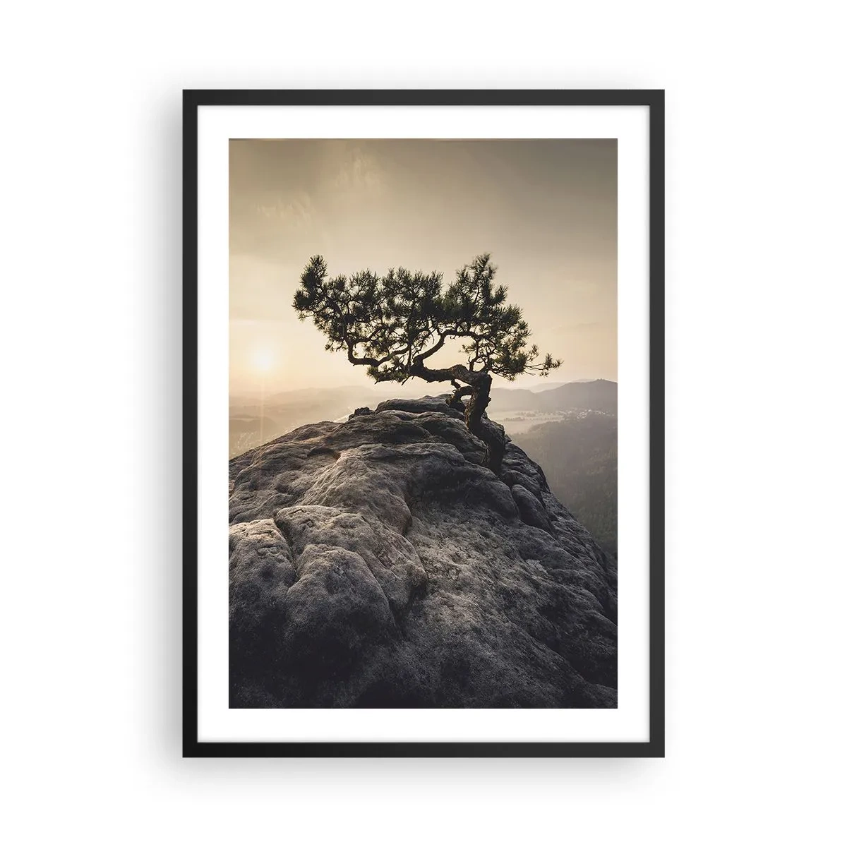 Plakát v černém rámu - Osamělý strom na skalnatém vrcholu ve světle zapadajícího slunce - 50x70cm - Život vždy vítězí - Moderní nástěnná dekorace do obývacího pokoje a ložnice ARTTOR