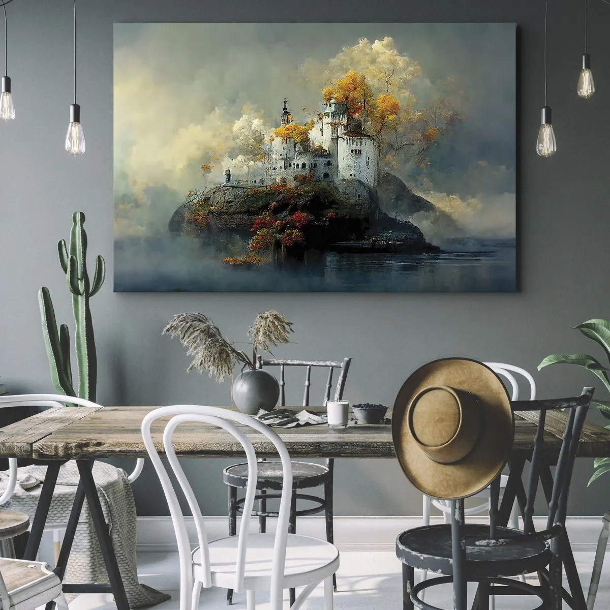 Obraz na plátně - Hrad na kopci obklopený podzimními stromy - 70x50cm - Začátek romantického příběhu - Moderní nástěnná dekorace do obývacího pokoje a ložnice ARTTOR