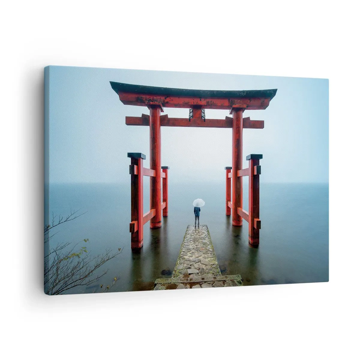 Obraz na plátně - Brána torii s výhledem na klidné jezero v Japonsku - 70x50cm - Japonské zamyšlení - Moderní nástěnná dekorace do obývacího pokoje a ložnice ARTTOR
