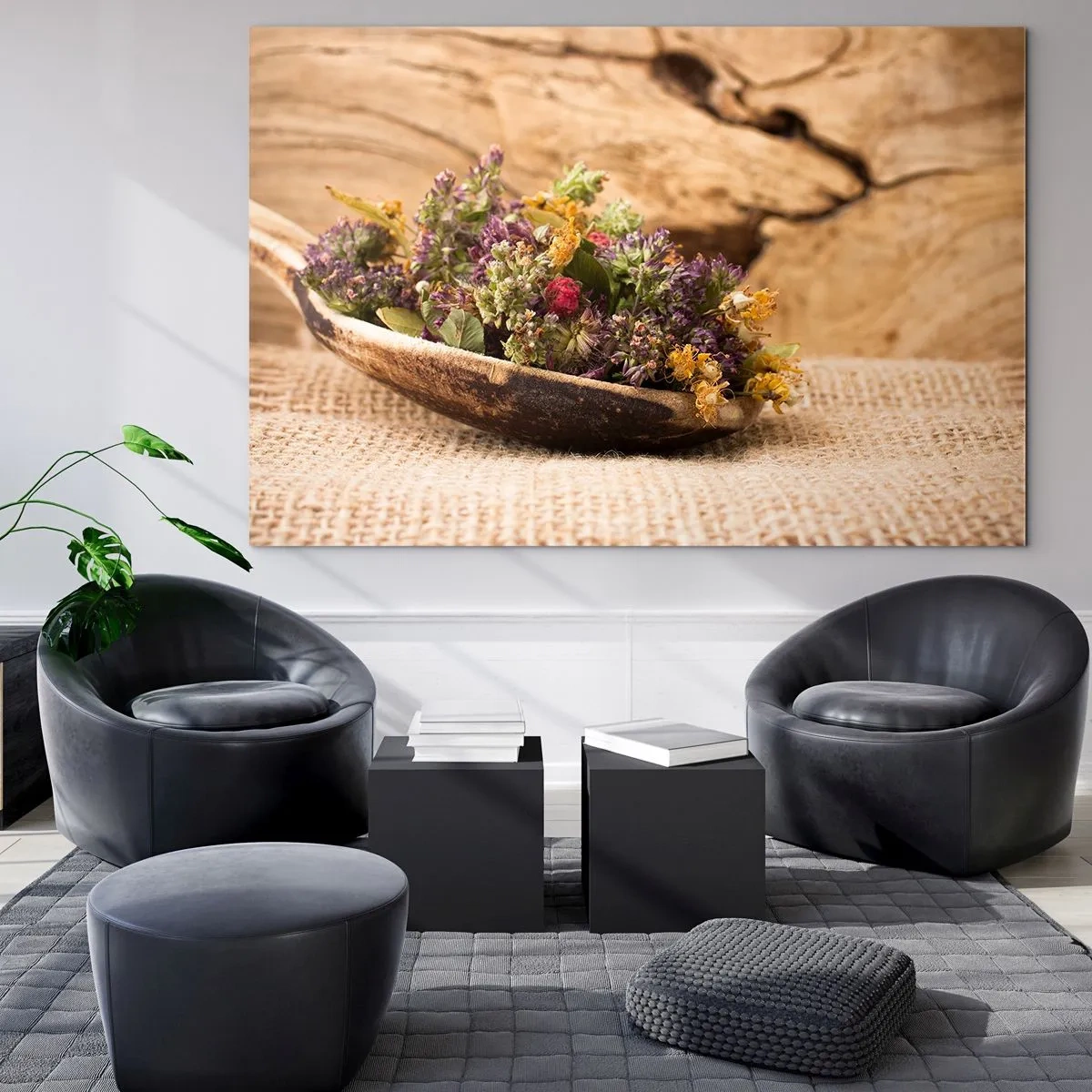 Obraz na skle - Sušené bylinky v dřevěné lžíci na rustikálním pozadí - 70x50cm - Barevné kvítí a voňavé bylinky - Moderní nástěnná dekorace do obývacího pokoje a ložnice ARTTOR
