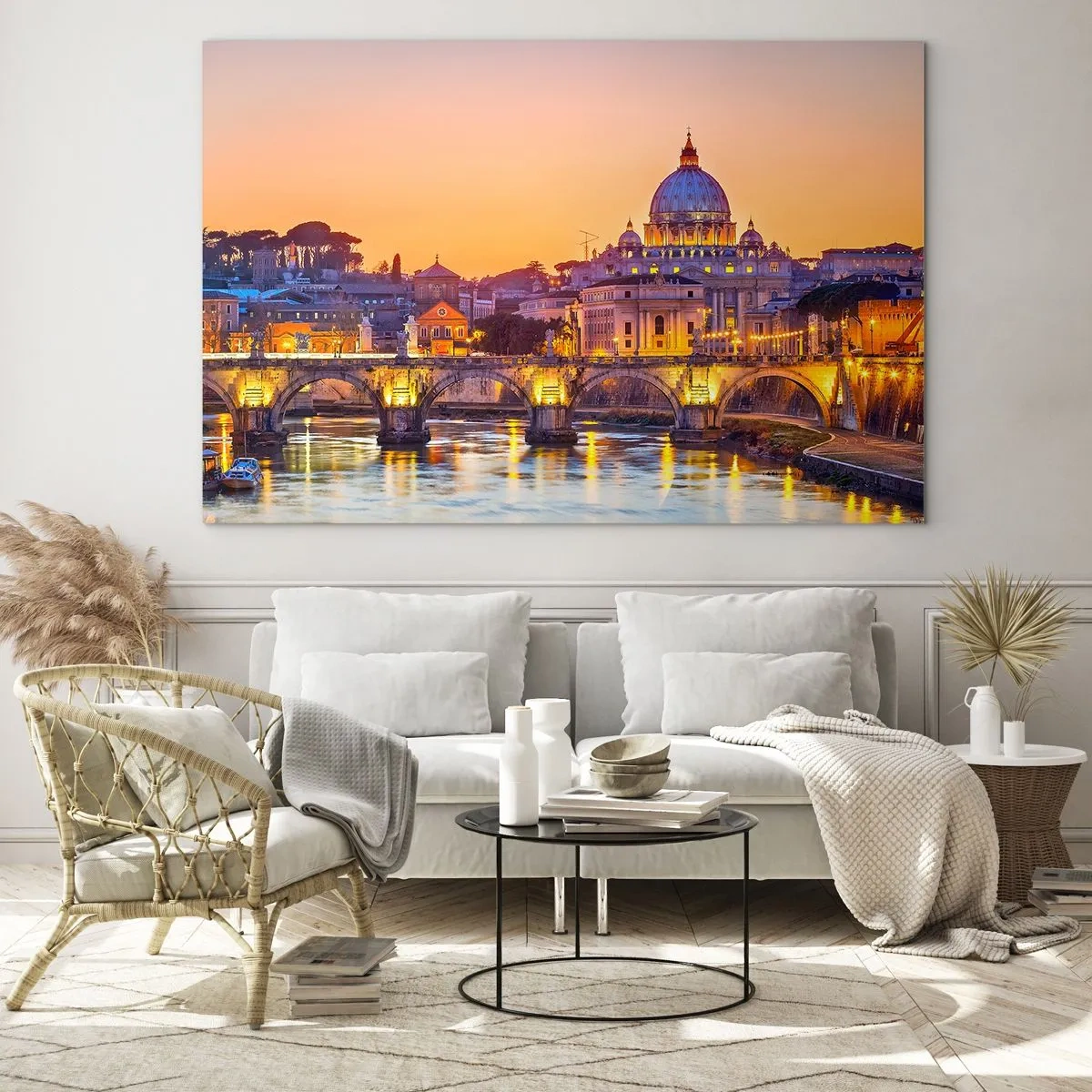 Obraz na skle - Most a bazilika v Římě při západu slunce - 70x50cm - Soumrak nad Věčným městem - Moderní nástěnná dekorace do obývacího pokoje a ložnice ARTTOR