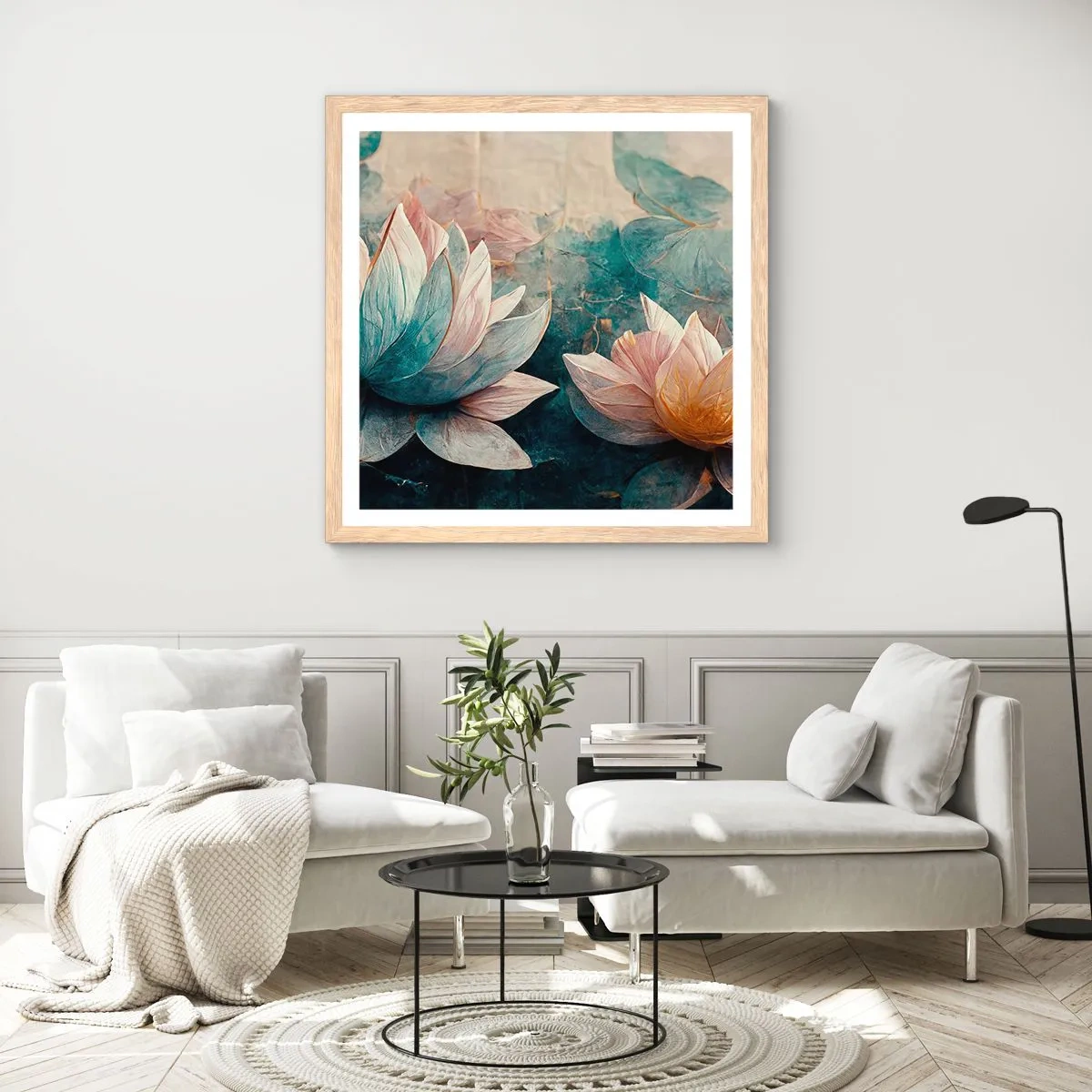 Plakát v rámu světlý dub - Hvězdy a jezero - 40x40 cm