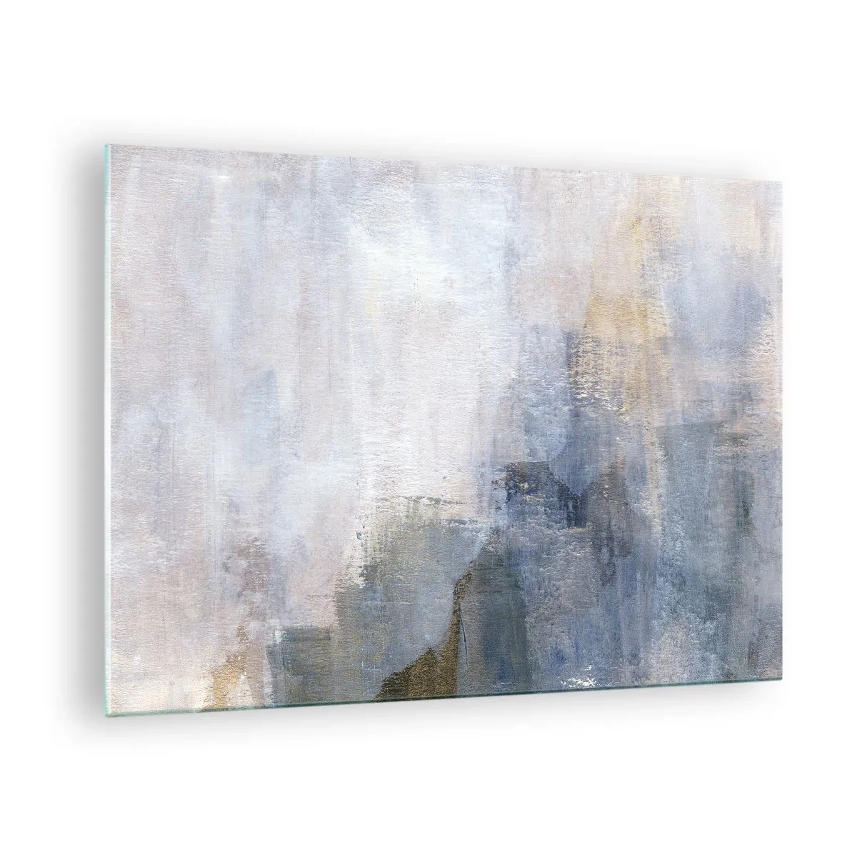 Obraz na skle - Abstraktní kompozice v chladných modrých a béžových tónech. - 70x50cm - Tóny a akordy barev - Moderní nástěnná dekorace do obývacího pokoje a ložnice ARTTOR