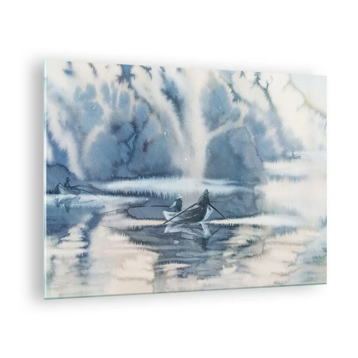 Obraz na skle - Dva rybáři na lodi obklopení mlhavou krajinou - 70x50cm - Rybáři ve svém ráji - Moderní nástěnná dekorace do obývacího pokoje a ložnice ARTTOR