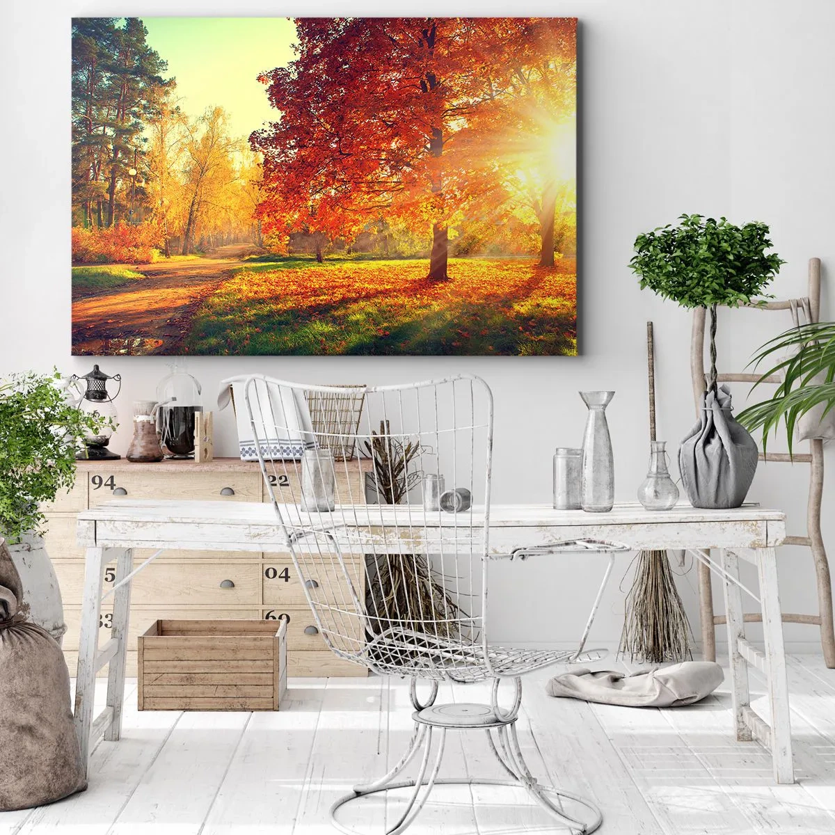 Obraz na plátně - Podzimní park ozářený slunečním světlem - 70x50cm - Rudé je krásné - Moderní nástěnná dekorace do obývacího pokoje a ložnice ARTTOR