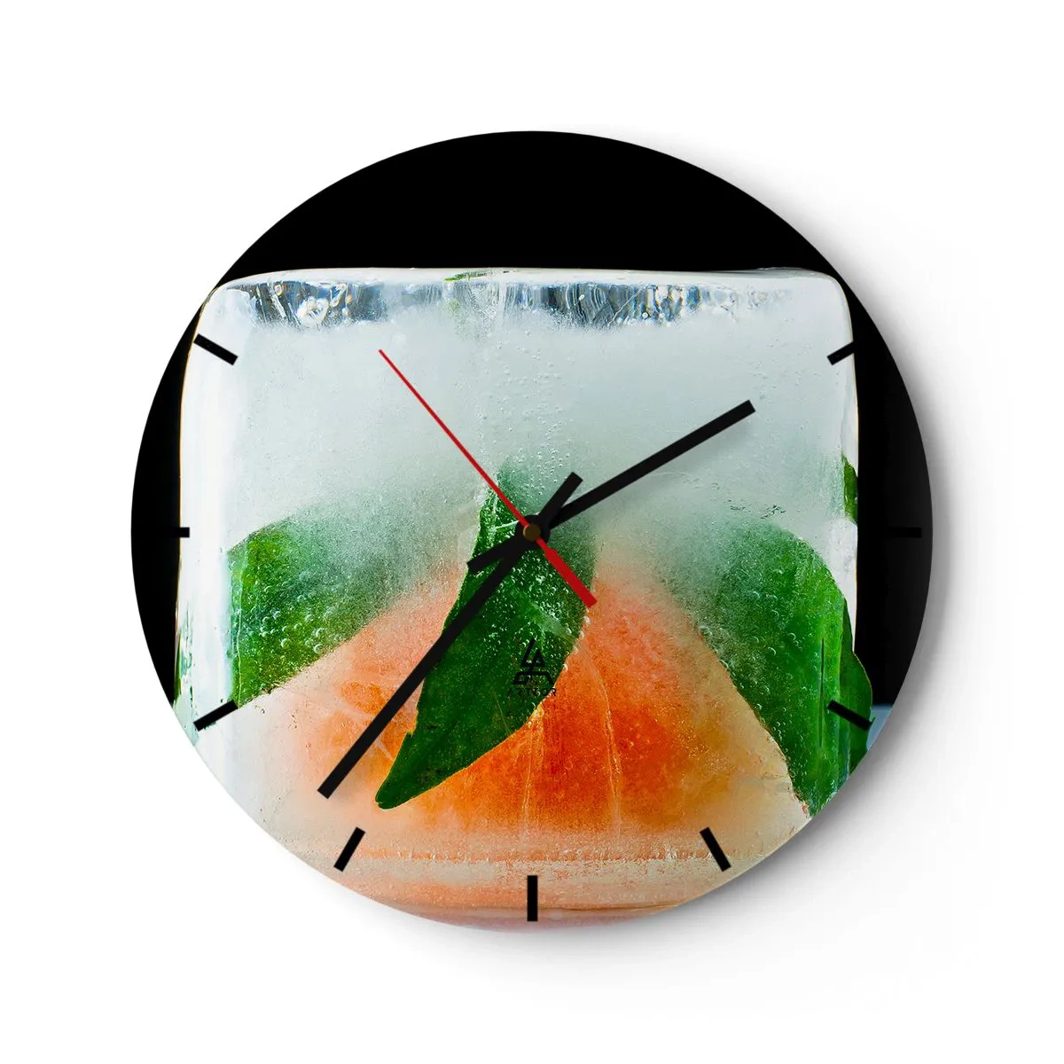 Nástěnné hodiny - Kostka ledu s lístky máty a plátkem grapefruitu uvnitř - 30x30cm - Svěžest a osvěžení - Moderní nástěnná dekorace do obývacího pokoje, kuchyně a ložnice ARTTOR
