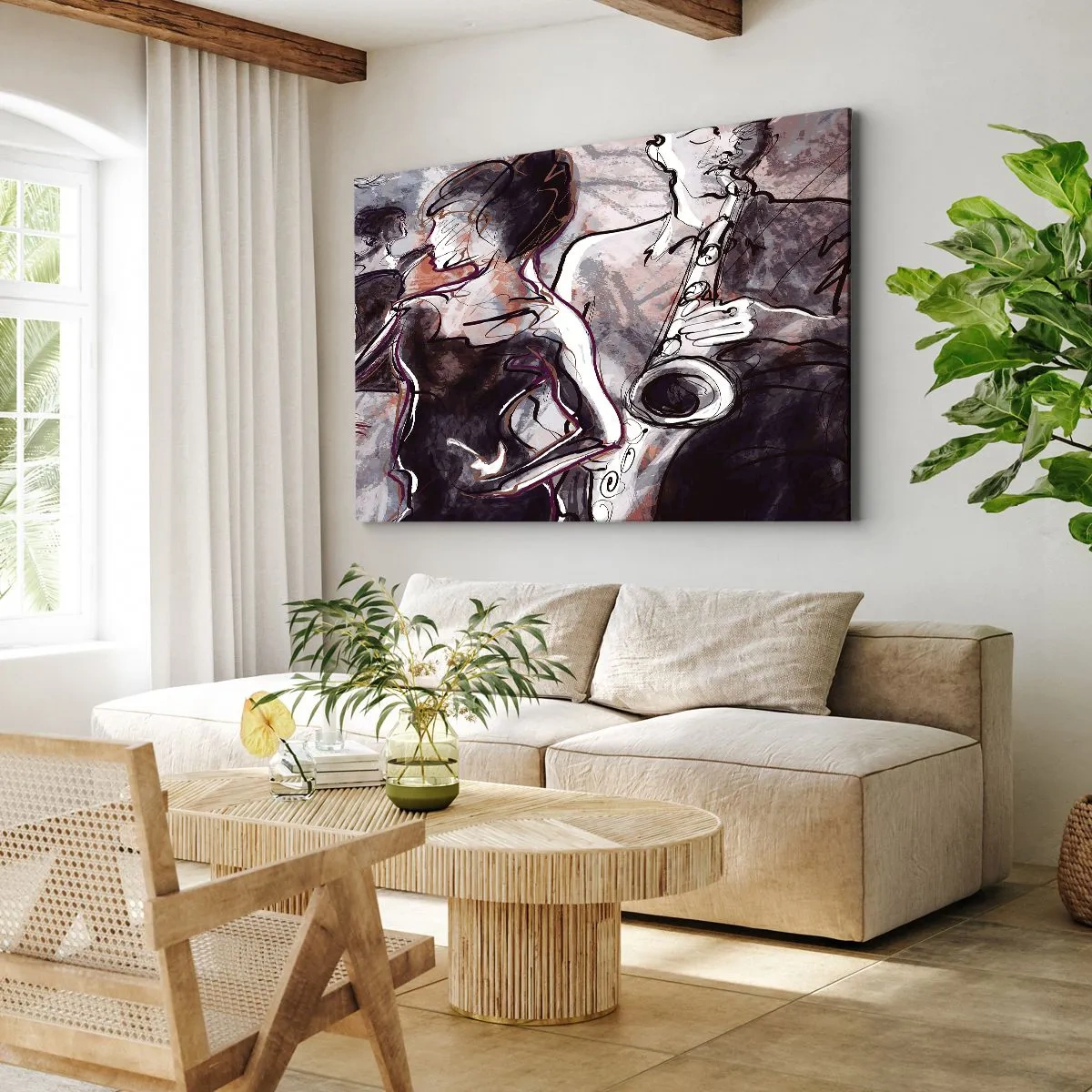 Obraz na plátně - Abstraktní jazzová scéna se saxofonistou a tančící ženou. - 70x50cm - Rozplynout se v hudbě - Moderní nástěnná dekorace do obývacího pokoje a ložnice ARTTOR