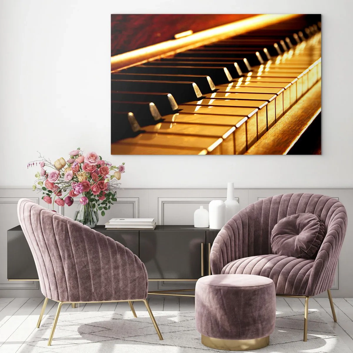 Obraz na skle - Detail kláves klavíru v teplém světle - 70x50cm - Neomezené možnosti - Moderní nástěnná dekorace do obývacího pokoje a ložnice ARTTOR