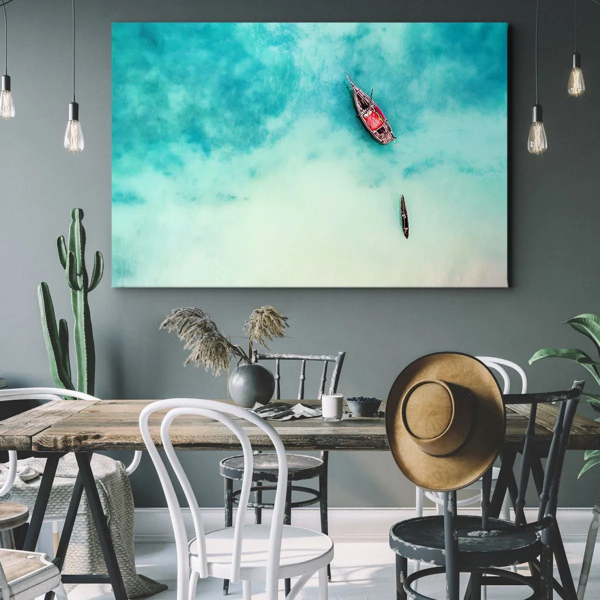 Obraz na plátně - Lodě na tyrkysové vodě z ptačí perspektivy - 70x50cm - Protože na plážích Zanzibaru, když je přebytek vody… - Moderní nástěnná dekorace do obývacího pokoje a ložnice ARTTOR