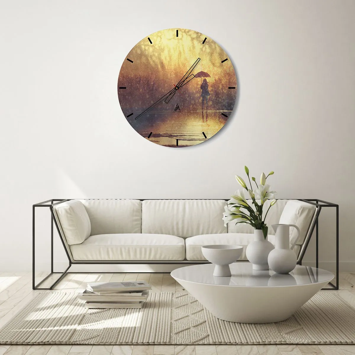 Nástěnné hodiny - Postava s deštníkem na pozadí deště a teplého světla - 30x30cm - Cítím, že se na mě někdo dívá - Moderní nástěnná dekorace do obývacího pokoje, kuchyně a ložnice ARTTOR