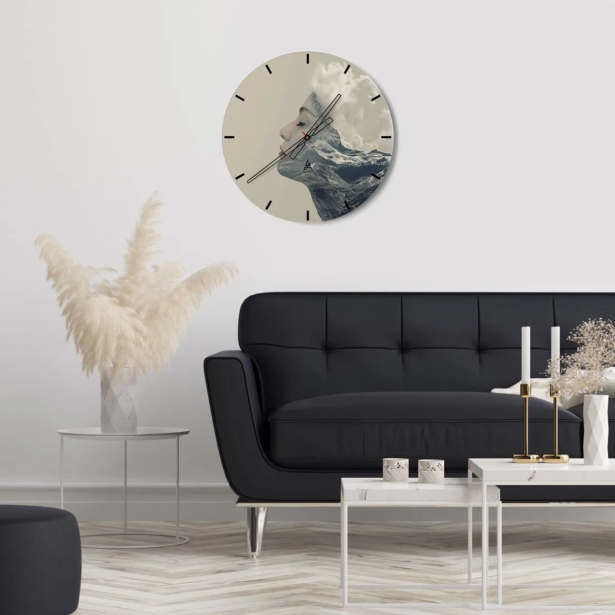 Nástěnné hodiny - Ženská tvář propletená s horskou krajinou - 30x30cm - Krása živlů - Moderní nástěnná dekorace do obývacího pokoje, kuchyně a ložnice ARTTOR