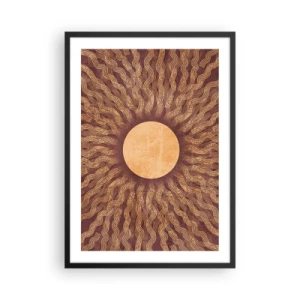 Plakát v černém rámu - Stylizované slunce s paprsky v odstínech zlaté a hnědé - 50x70cm - Ikona slunce - Moderní nástěnná dekorace do obývacího pokoje a ložnice ARTTOR