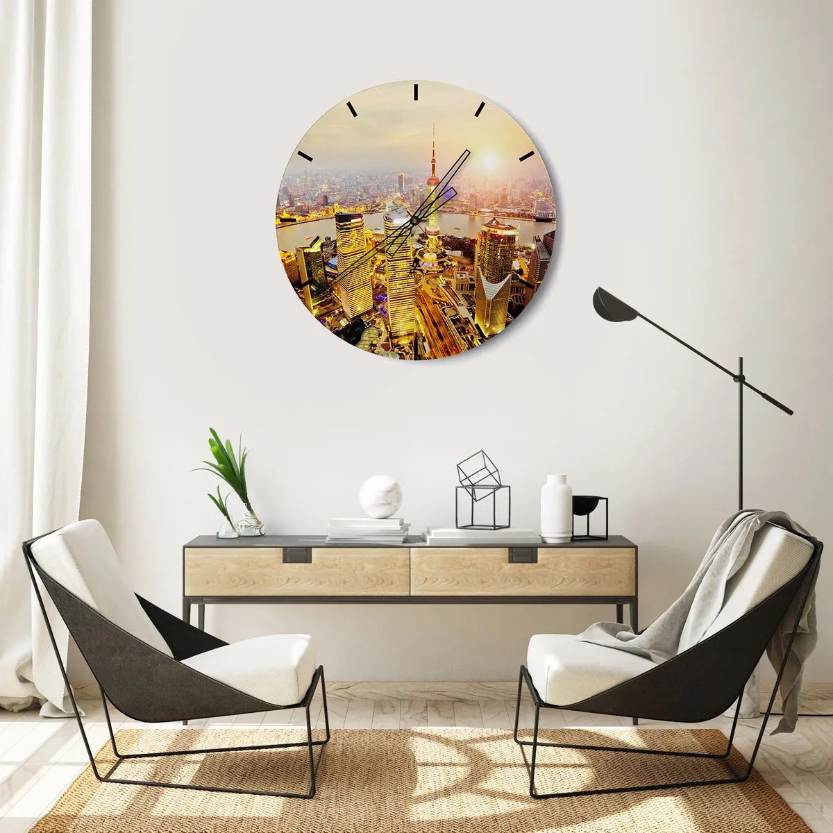 Nástěnné hodiny - Panorama města při západu slunce s mrakodrapy a řekou - 30x30cm - Asijský sen - Moderní nástěnná dekorace do obývacího pokoje, kuchyně a ložnice ARTTOR