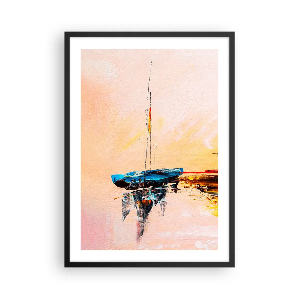 Plakát v černém rámu - Abstraktní loď na klidné vodě při západu slunce - 50x70cm - Večer v přístavu - Moderní nástěnná dekorace do obývacího pokoje a ložnice ARTTOR
