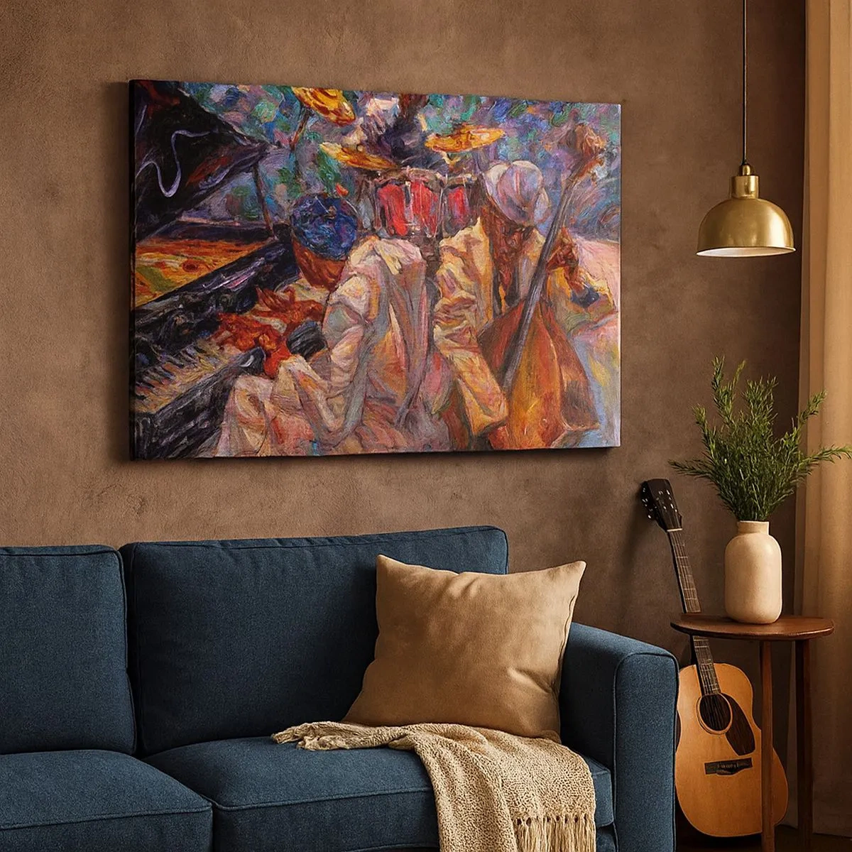 Obraz na plátně - Energická jazzová scéna s hudebníky a nástroji - 70x50cm - V jednom rytmu - Moderní nástěnná dekorace do obývacího pokoje a ložnice ARTTOR