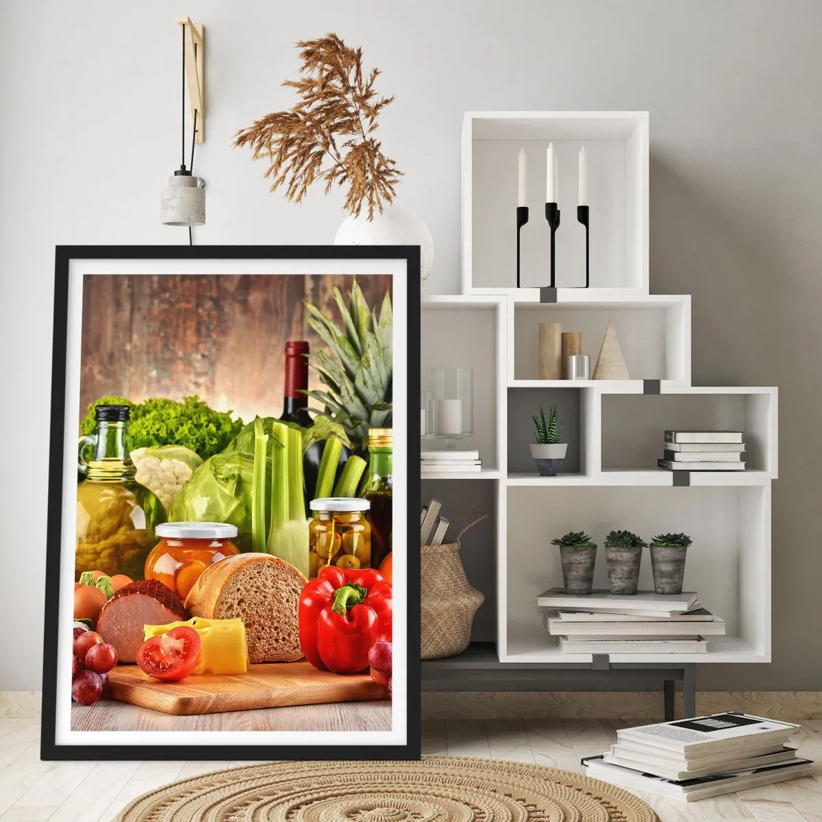 Plakát v černém rámu - Barevná zelenina a potravinářské výrobky na dřevěném pozadí - 50x70cm - Uzené, pečené, marinované - Moderní nástěnná dekorace do obývacího pokoje a ložnice ARTTOR