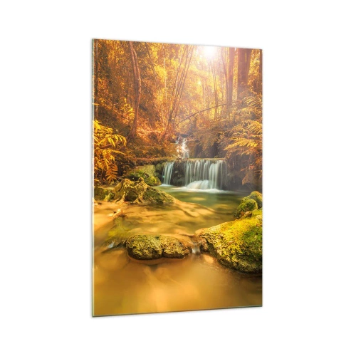 Obraz na skle - Lesní vodopád ve zlaté - 70x100 cm