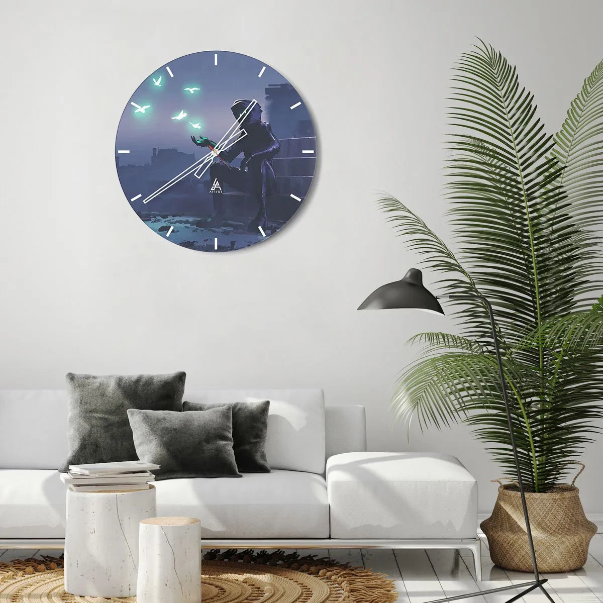Nástěnné hodiny - Postava ve tmě s neonovými ptáky v pozadí - 30x30cm - Život se vrátí - Moderní nástěnná dekorace do obývacího pokoje, kuchyně a ložnice ARTTOR