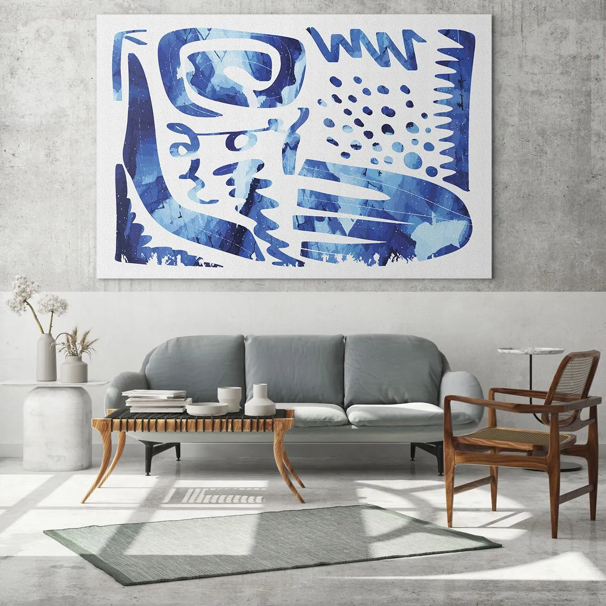 Obraz na skle - Dynamická modrá abstrakce s geometrickými tvary - 70x50cm - Zpět ke kořenům - Moderní nástěnná dekorace do obývacího pokoje a ložnice ARTTOR