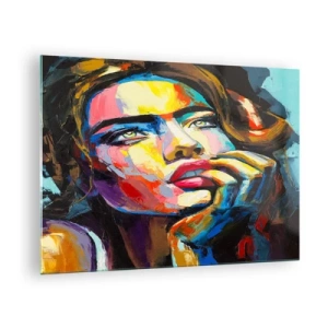 Obraz na skle - Portrét ženy v intenzivních abstraktních barvách - 70x50cm - Sny, jak ptáci letí oblohou - Moderní nástěnná dekorace do obývacího pokoje a ložnice ARTTOR