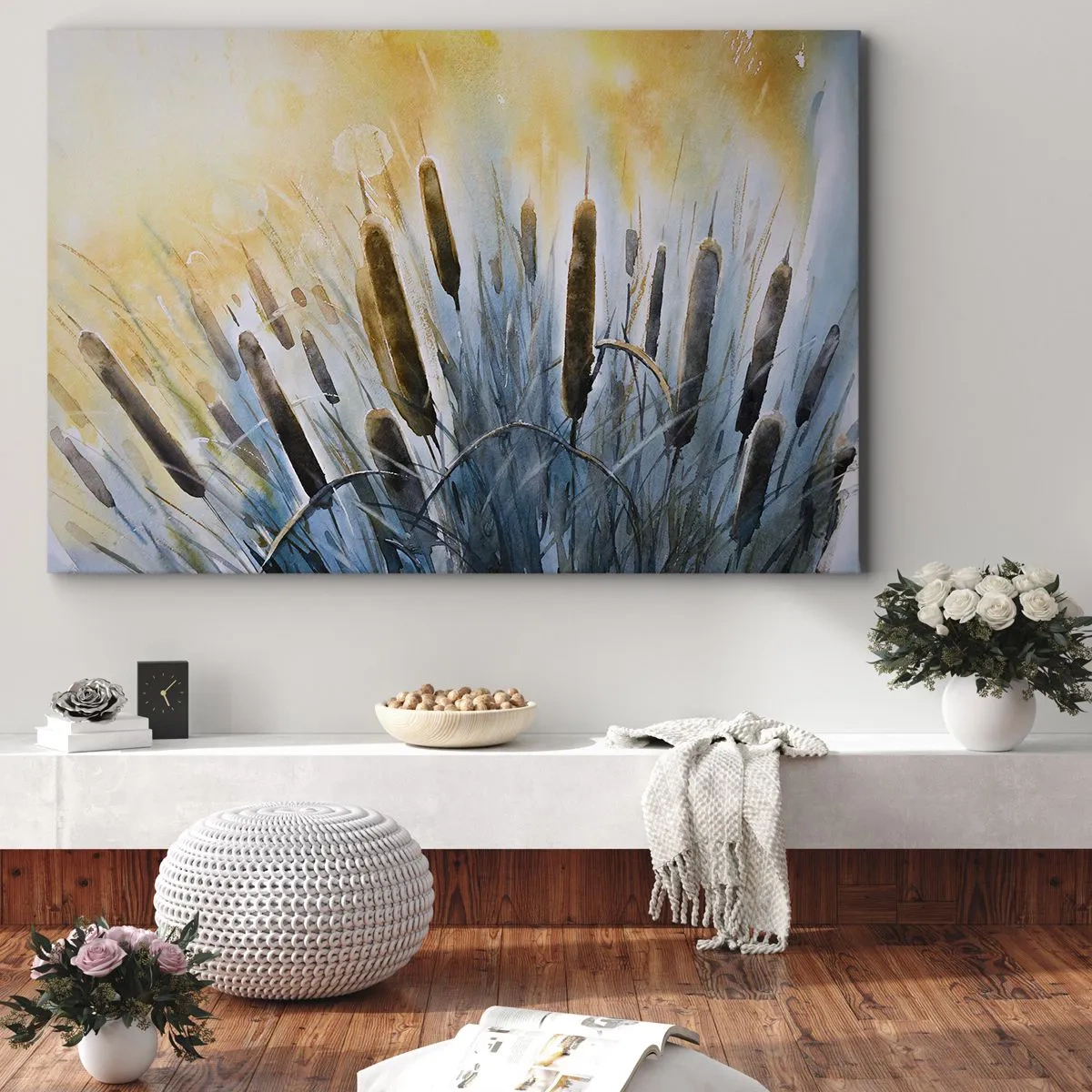 Obraz na plátně - Malebné rákosí v paprscích slunce - 70x50cm - Chlad vody, žár slunce - Moderní nástěnná dekorace do obývacího pokoje a ložnice ARTTOR
