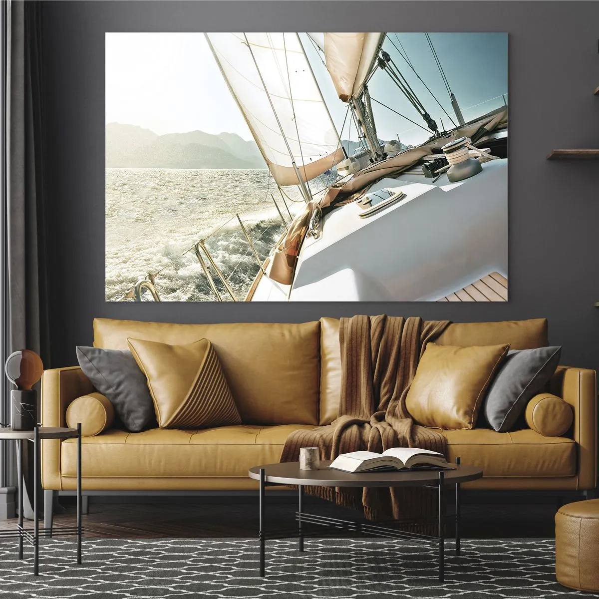 Obraz na skle - Plachetnice na pozadí hor a modré oblohy - 70x50cm - Pod plnými plachtami - Moderní nástěnná dekorace do obývacího pokoje a ložnice ARTTOR