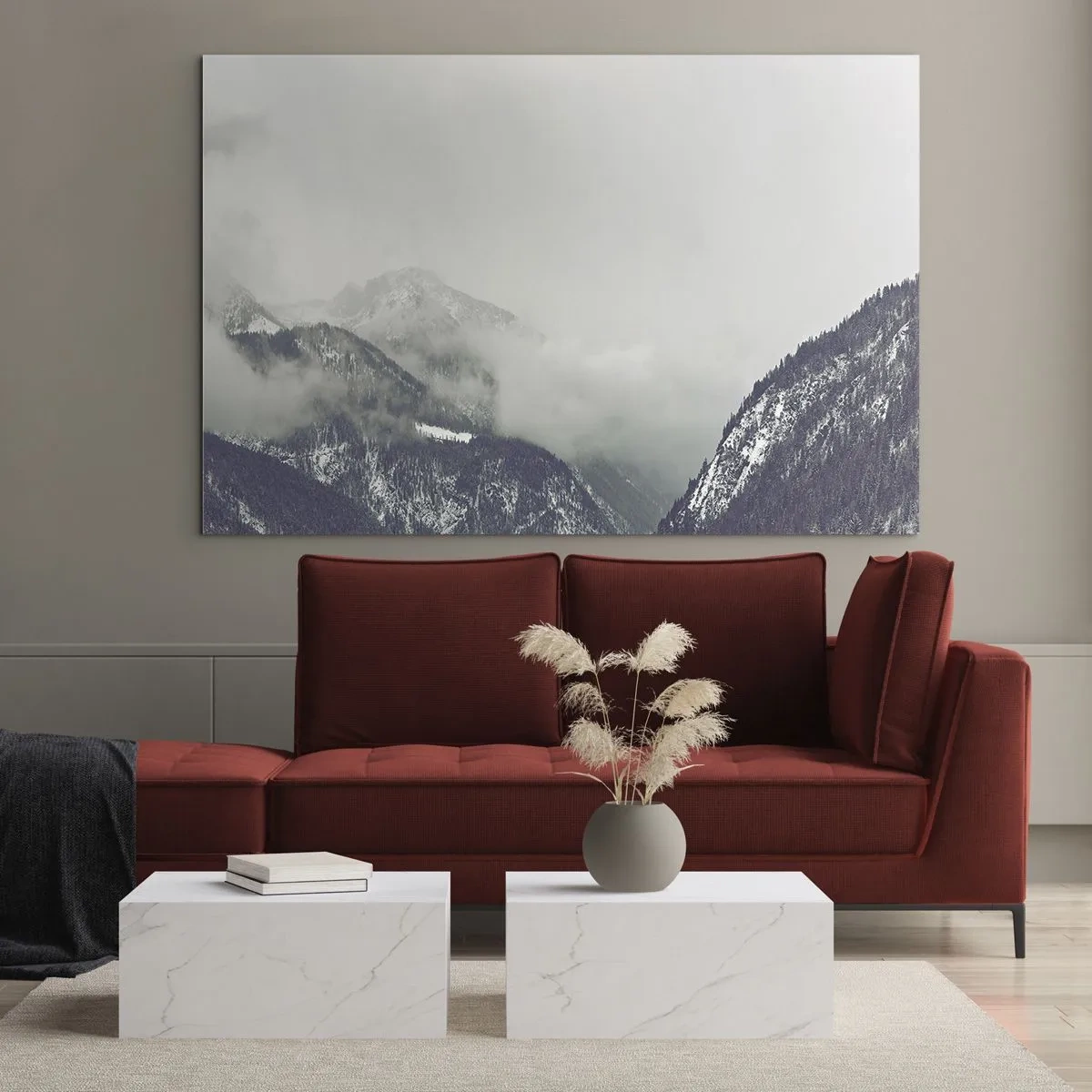Obraz na skle - Horské údolí v mlze v odstínech šedé - 70x50cm - Mlžné údolí - Moderní nástěnná dekorace do obývacího pokoje a ložnice ARTTOR