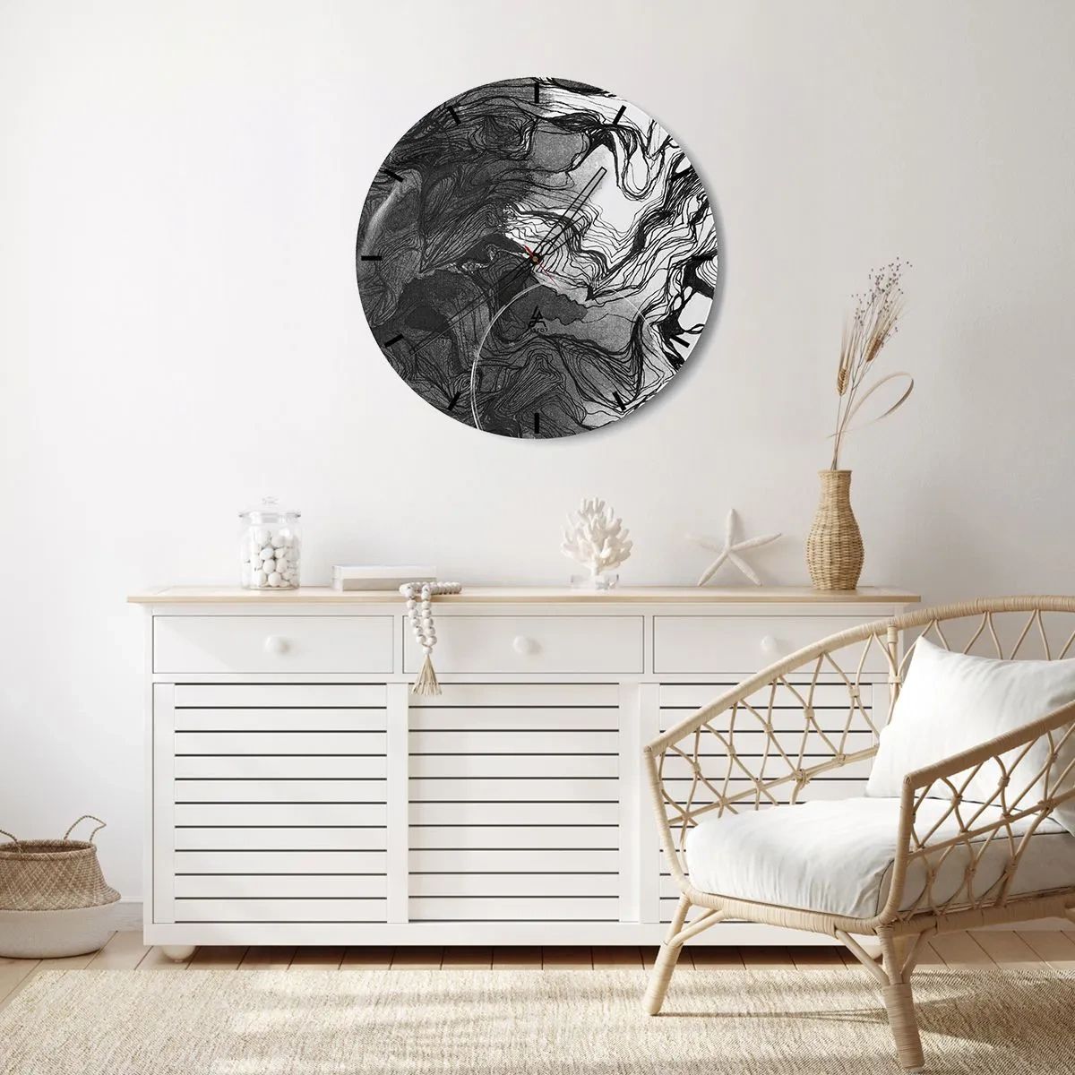 Nástěnné hodiny - Černobílá abstrakce s plynulými liniemi a texturou - 30x30cm - Zapletená ve snech - Moderní nástěnná dekorace do obývacího pokoje, kuchyně a ložnice ARTTOR