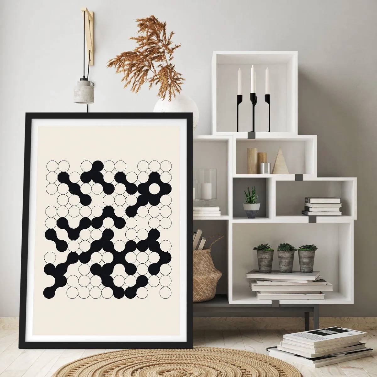 Plakát v černém rámu - Geometrické složení černých a bílých kruhů - 50x70cm - Čínská hra – variace - Moderní nástěnná dekorace do obývacího pokoje a ložnice ARTTOR