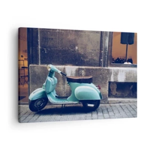 Obraz na plátně - Retro skútr zaparkovaný u kamenné zdi - 70x50cm - Nezapomenutelná nálada - Moderní nástěnná dekorace do obývacího pokoje a ložnice ARTTOR