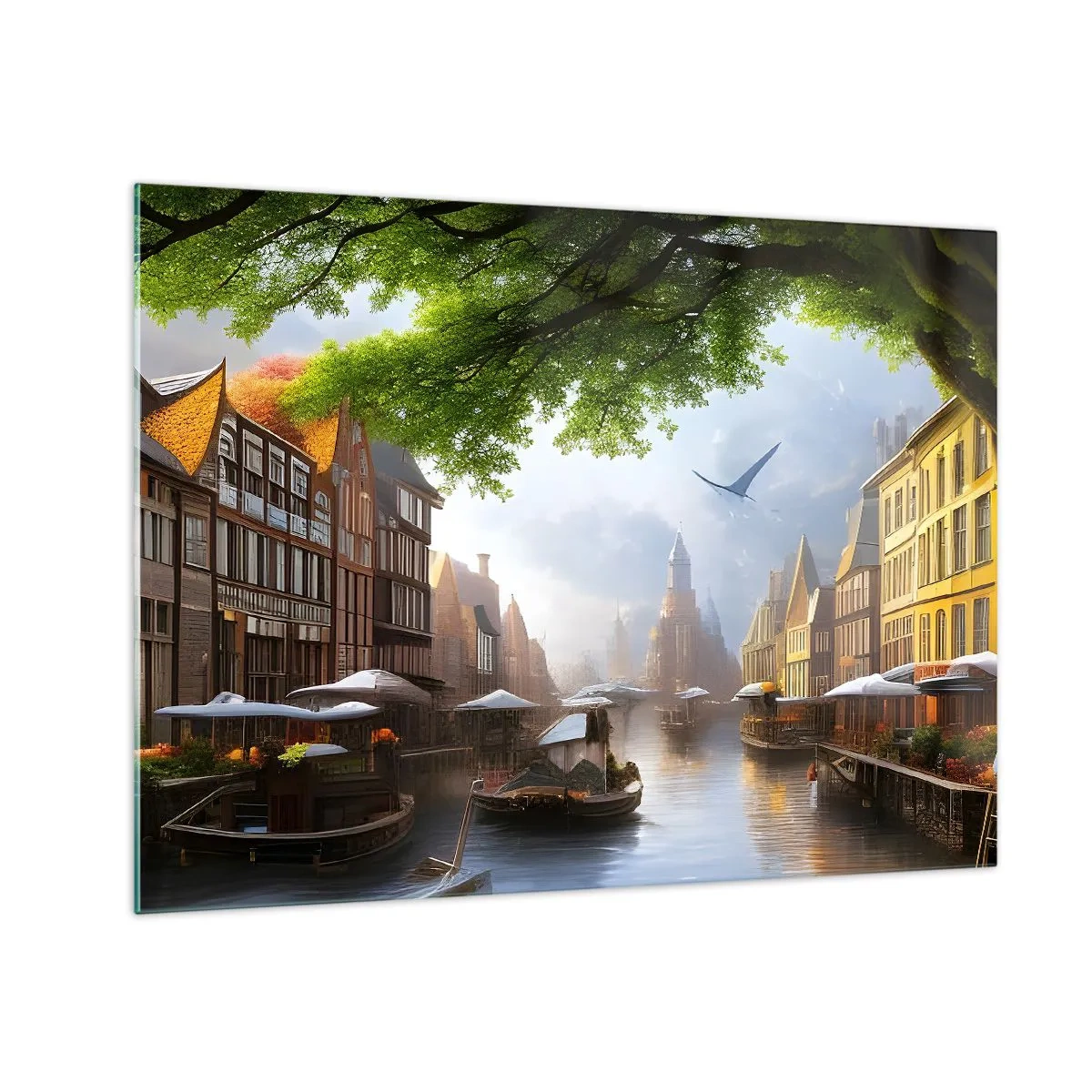 Obraz na skle - Atmosférický pohled na nizozemský kanál s loděmi a budovami - 70x50cm - Nizozemská městská krajinka - Moderní nástěnná dekorace do obývacího pokoje a ložnice ARTTOR