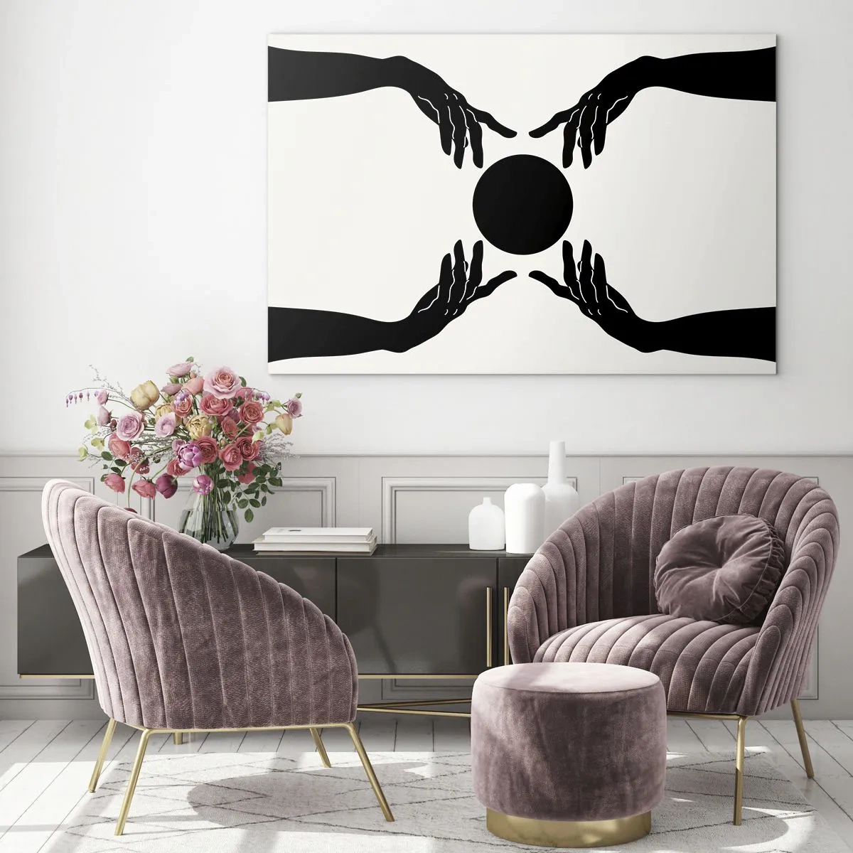 Obraz na skle - Černé ruce kolem černého kruhu na světlém pozadí - 70x50cm - Tajné znamení - Moderní nástěnná dekorace do obývacího pokoje a ložnice ARTTOR
