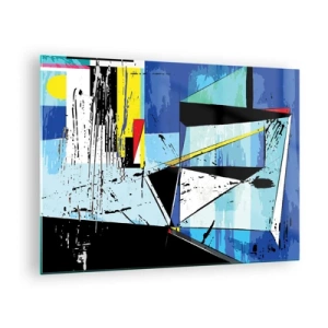 Obraz na skle - Abstraktní geometrická kompozice v odstínech modré - 70x50cm - Dívat se na svět z úhlu… - Moderní nástěnná dekorace do obývacího pokoje a ložnice ARTTOR